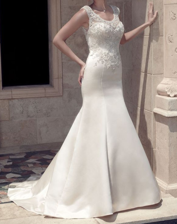Casablanca 2141 Wedding Dress 12 White Fit & Flare Satin Beaded Illusion Elegant