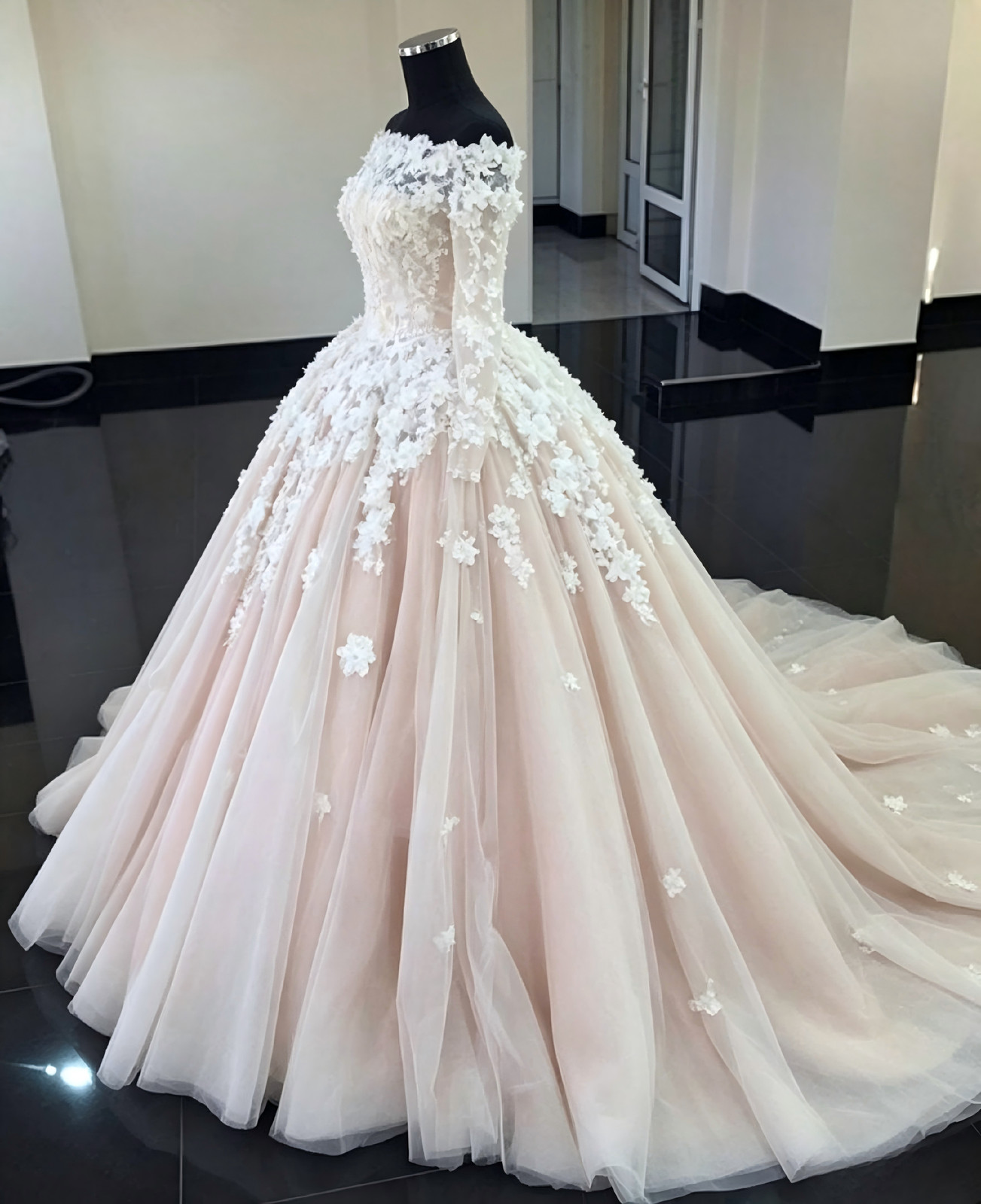 Blush Off Shoulder 3D Floral Tulle Ball Gown Long Sleeve Wedding Dresses