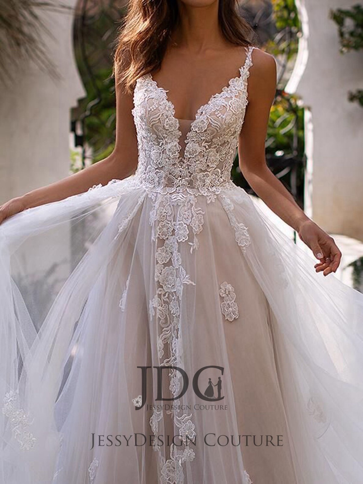 2025 Timeless Beaded Ivory Blush Lace Wedding Dress Bridal Gown 2-28W Volants