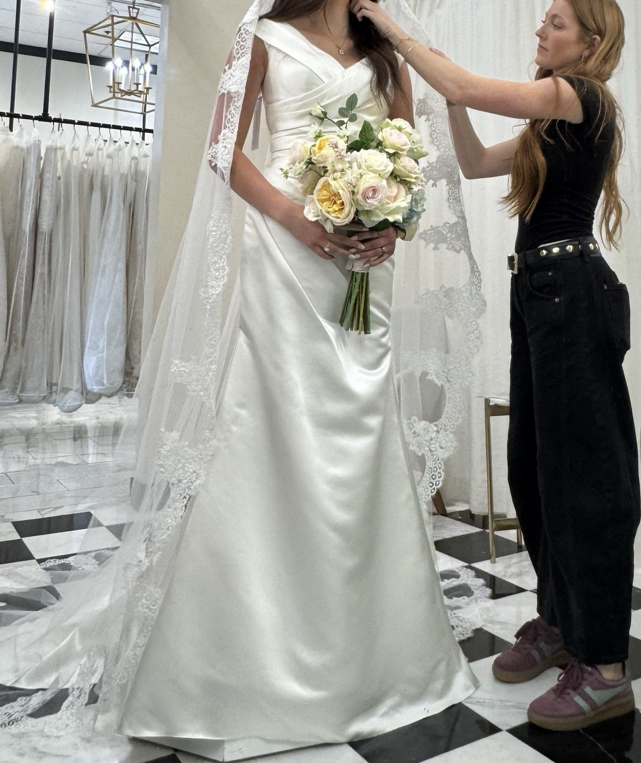 White Satin A-Line Wedding Dress Portrait Off-Shoulder Sleeveless with Train