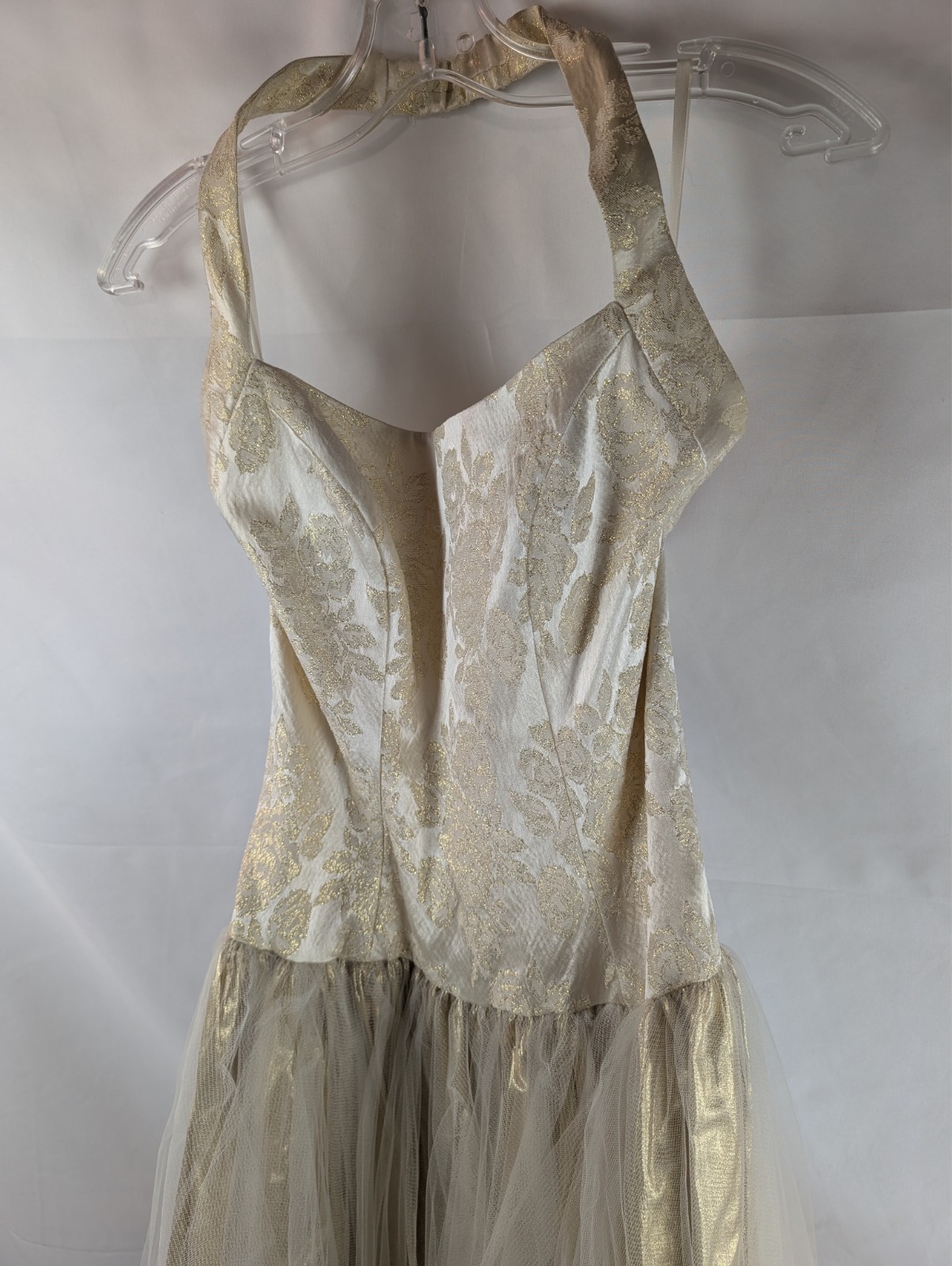 Loralie Ivory Gold Jacquard Halter Wedding Gown 40s 50s Era Layered Tulle Size 8