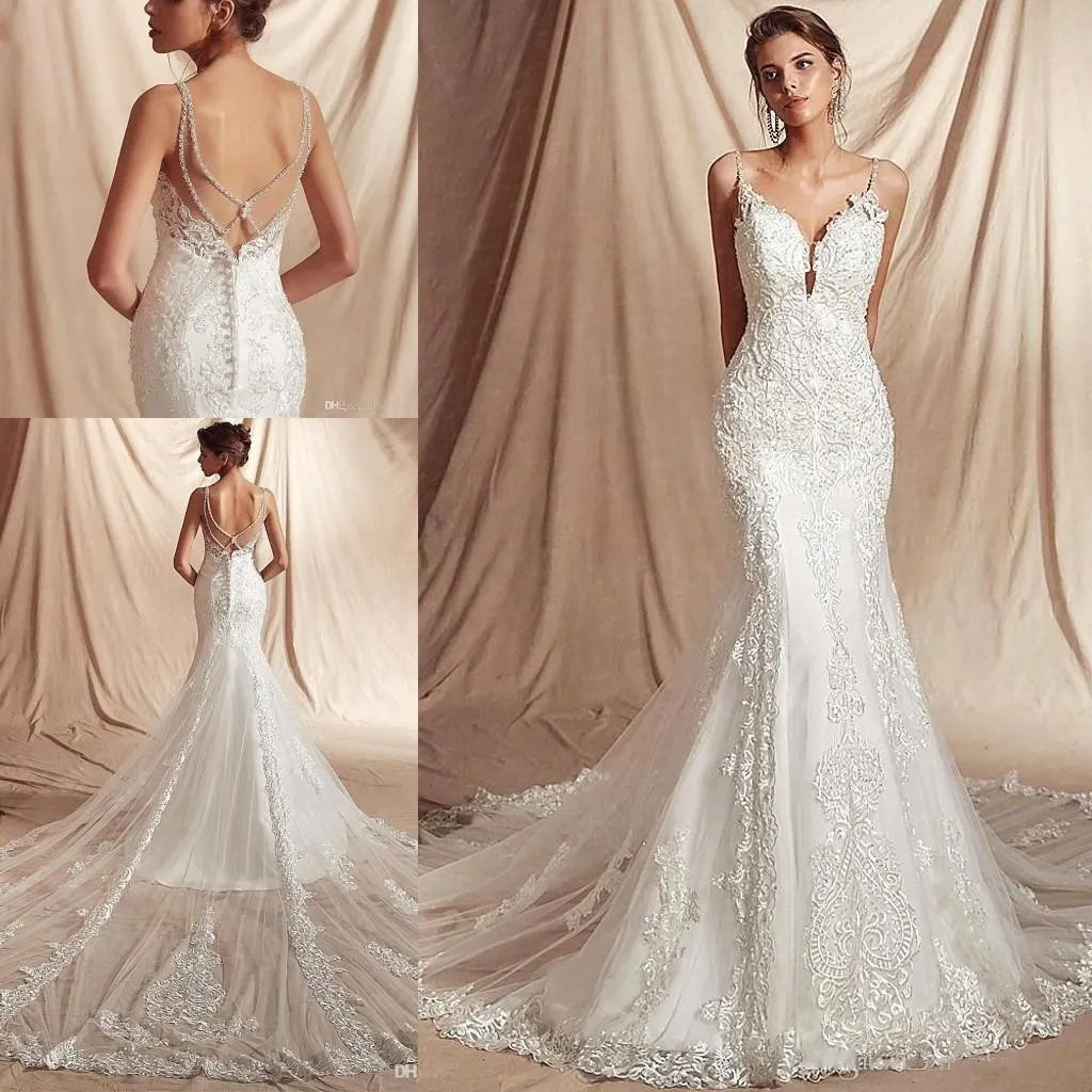 Sexy Lace Mermaid Beach Wedding Dress Spaghetti Straps Applique Boho Bridal Gown