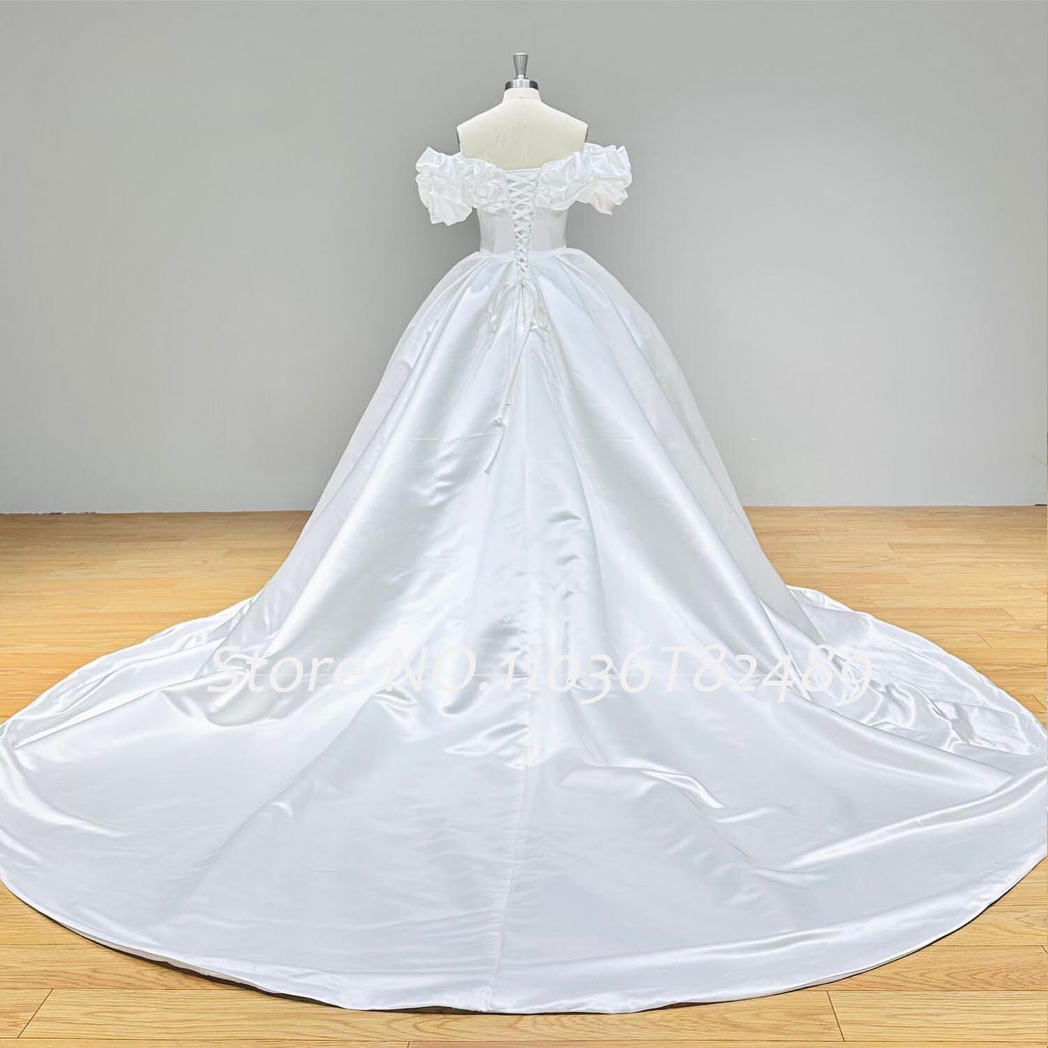 Off Shoulder Ruffled Ball Gown Wedding Dress Slit Bridal Gown With Chapel Train