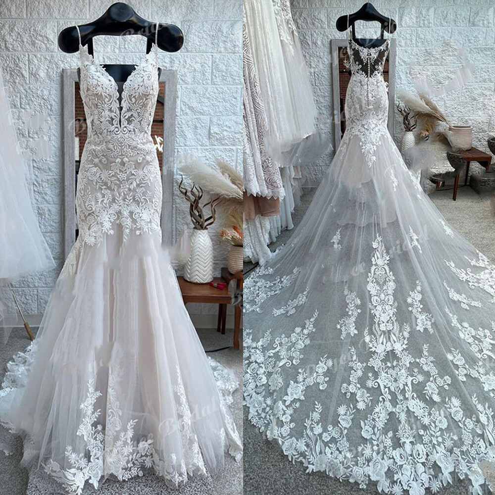 Blush Pink Mermaid Wedding Dresses Spaghetti V-Neck Lace Appliques Bridal Gown