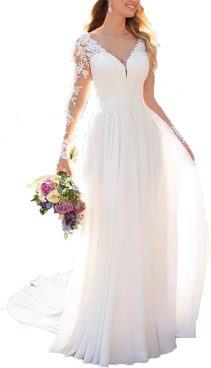Women’s Chiffon Wedding Dress – Lace Appliques Off-The-Shoulder Bridal Gown