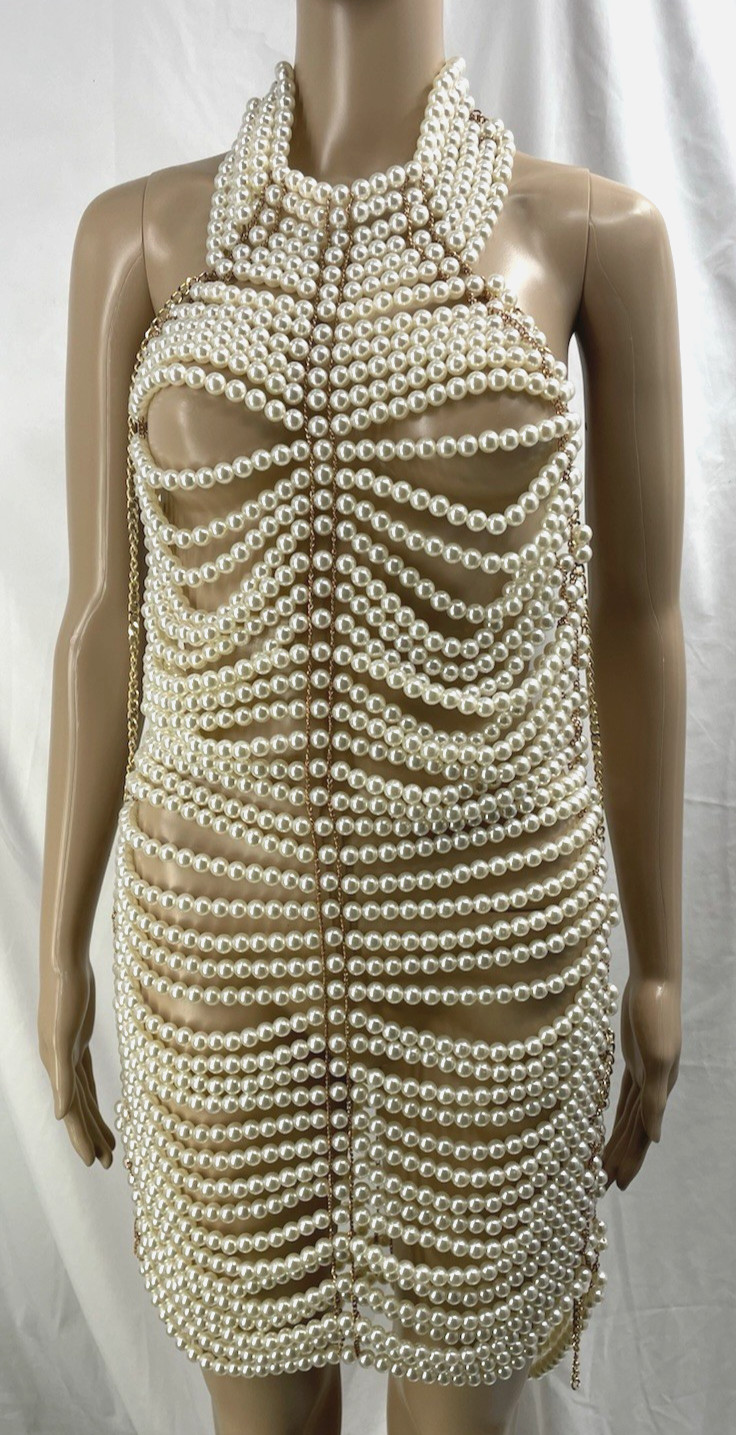 Beaded Metal Mesh Backless Pearl Dress Retro Sexy Fashion Body Chain Adjustable
