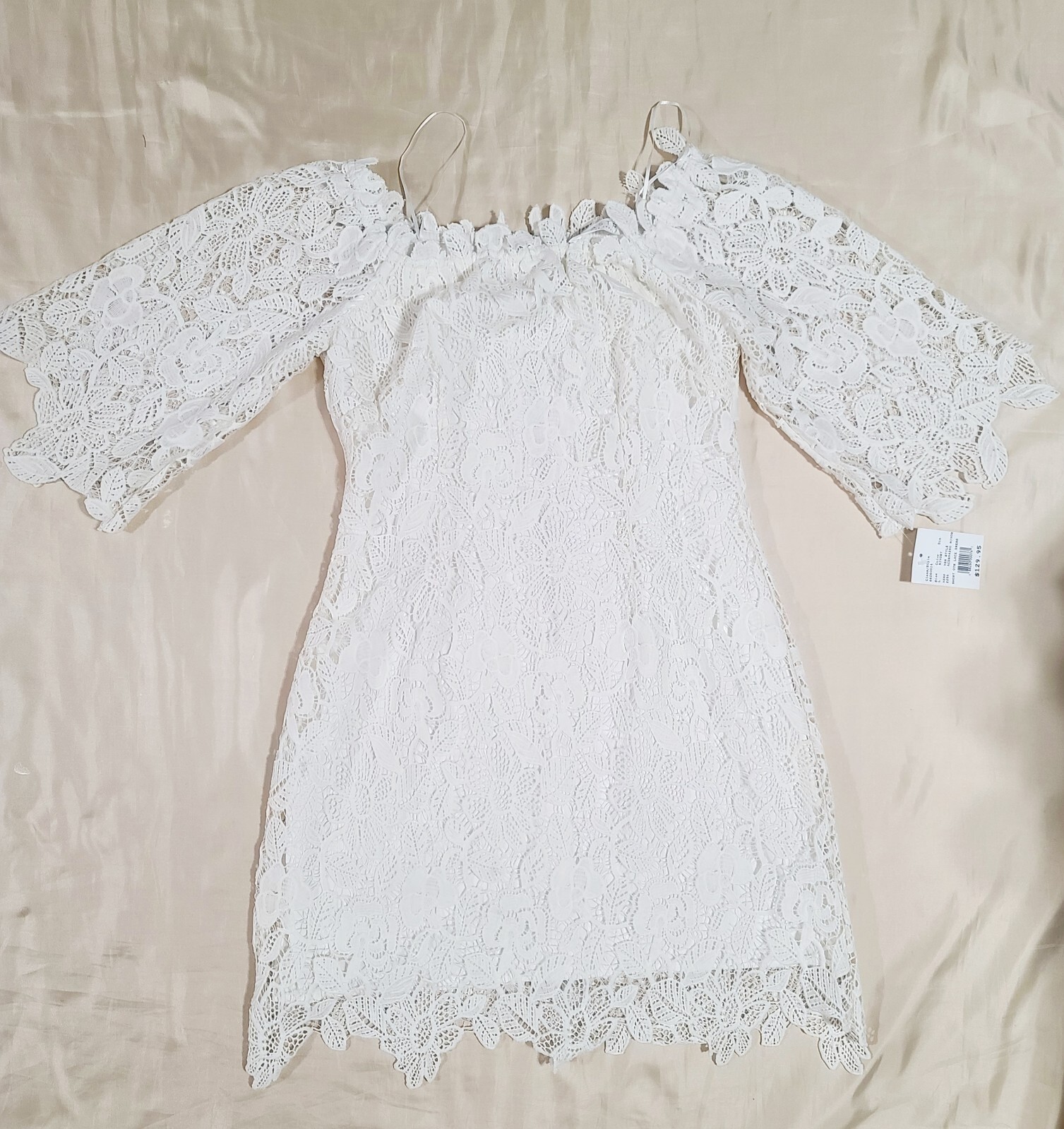 David’s Bridal Wedding Dress Women’s L Off-The-Shoulder Short Lace 3/4 Sleeve