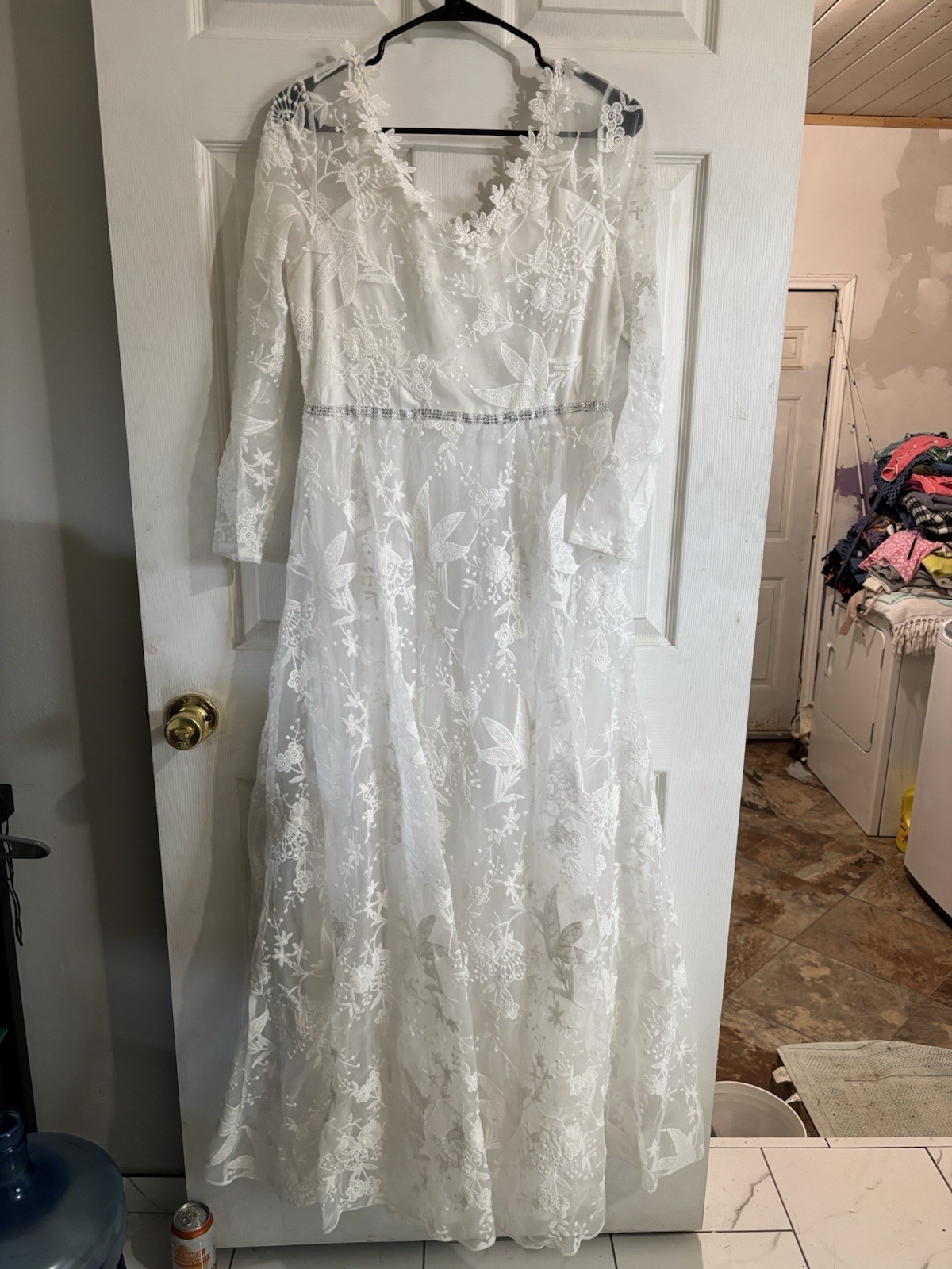White Lace A-Line Wedding Dress V-Neck Long Sleeve Beaded Full Length 16
