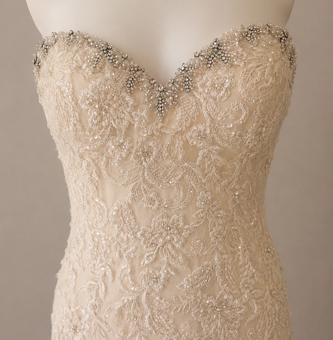 Allure Bridals Strapless Mermaid Wedding Dress Champagne Ivory Beaded Lace