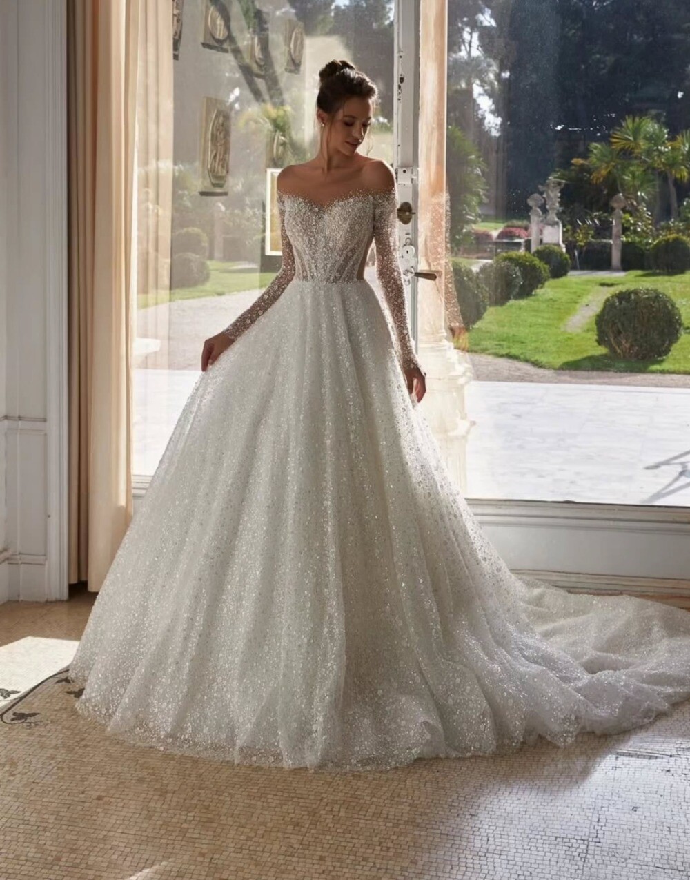 Shiny Long Sleeve Wedding Dress From The Shoulder Bridal A Line Dresses
