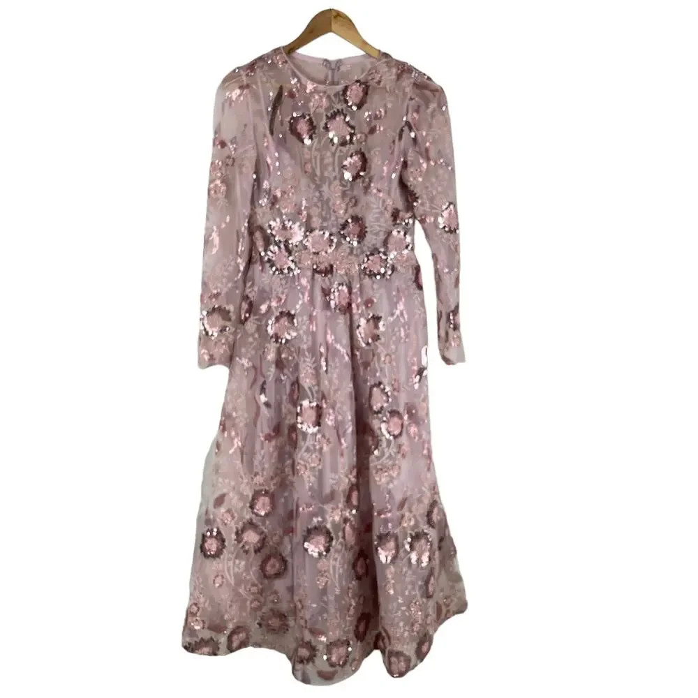 Mac Duggal ($458) Floral Embellished Long Sleeve A-Line Dress Size 8 Rose Pink