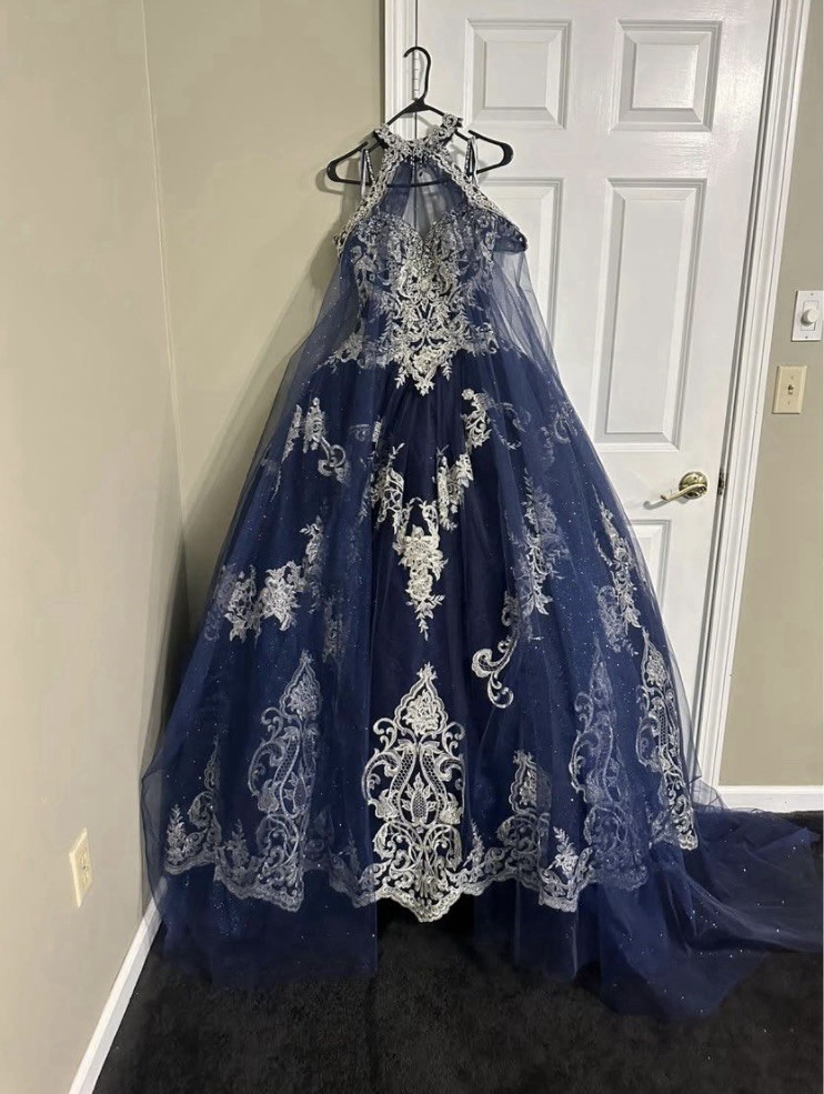 Blue Silver Halter Neck Ball Gown Wedding Dress Tulle Train Corset Lace