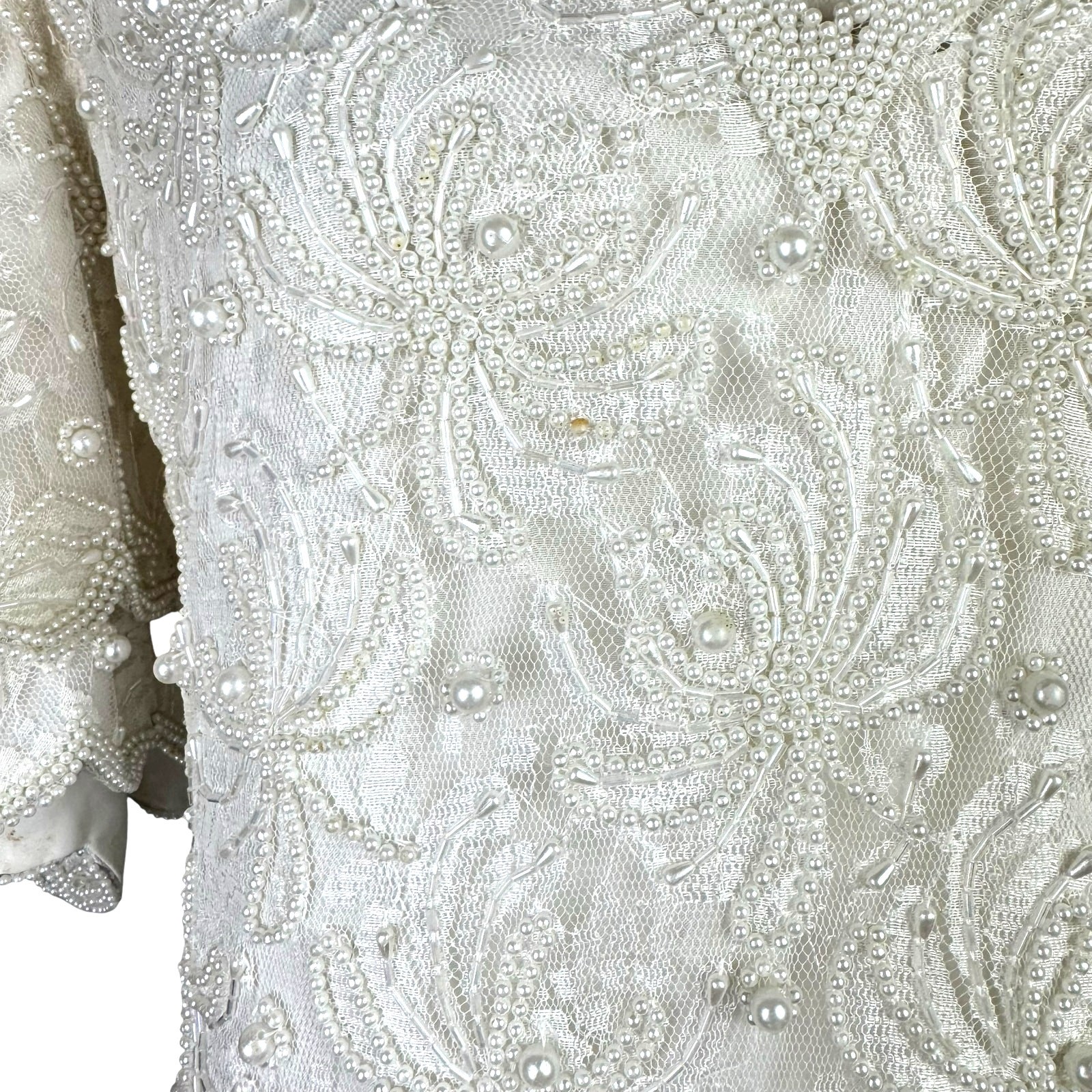Vintage Laurence Kazar Sz 12 Full Length Pearl Beaded Lacy V Neck Wedding Dress