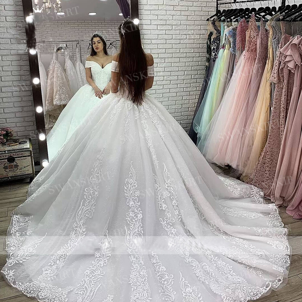 White Ivory Wedding Dresses Off Shoulder Ball Bridal Gowns Appliques Lace Custom