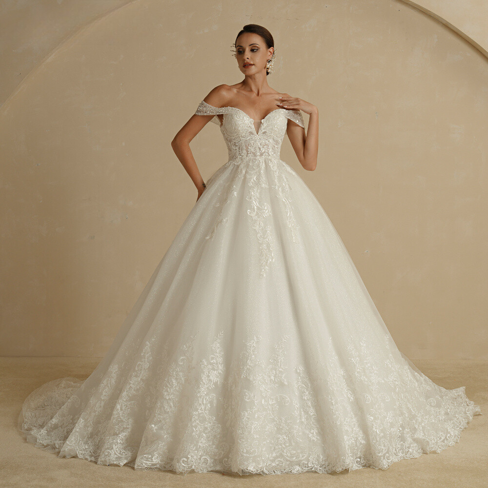 Off Shoulder Appliques Lace Up Back Glitter Princess Wedding Dress Ball Gown New