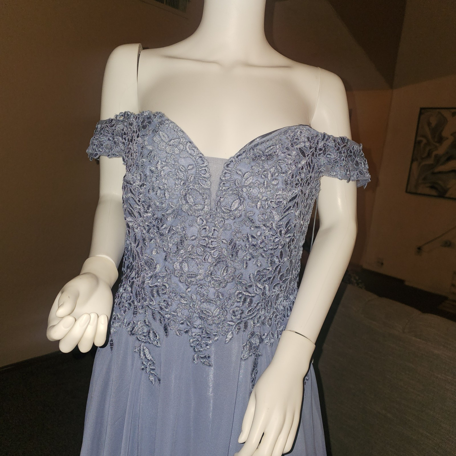 Eva Dress Slate Blue L Off-shoulder EV5239 Chiffon Corset Back NWT