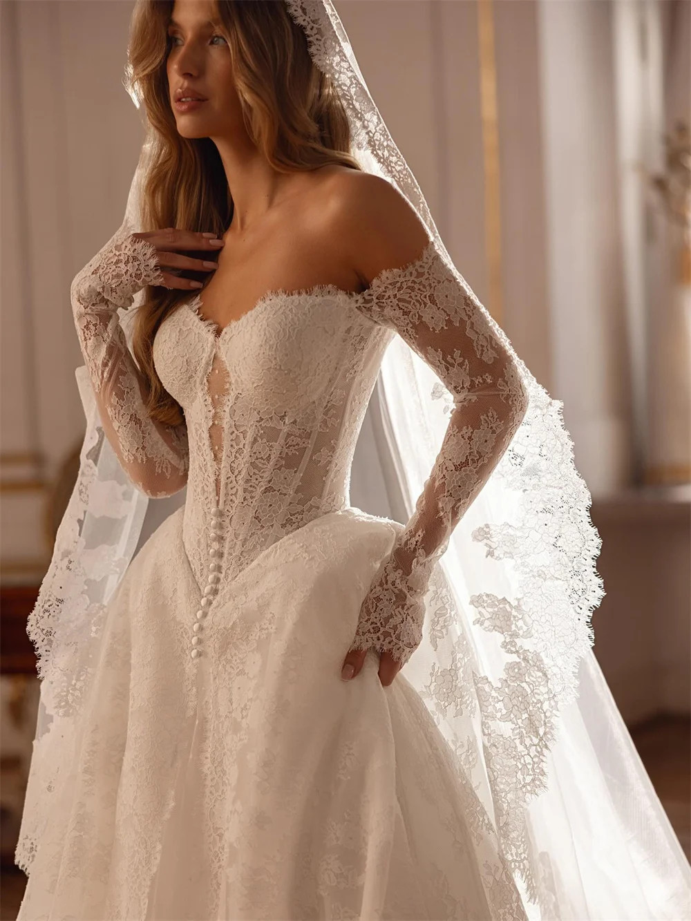 Customized White Off the Shoulder Wedding Dresses Long Sleeves Lace Court Train