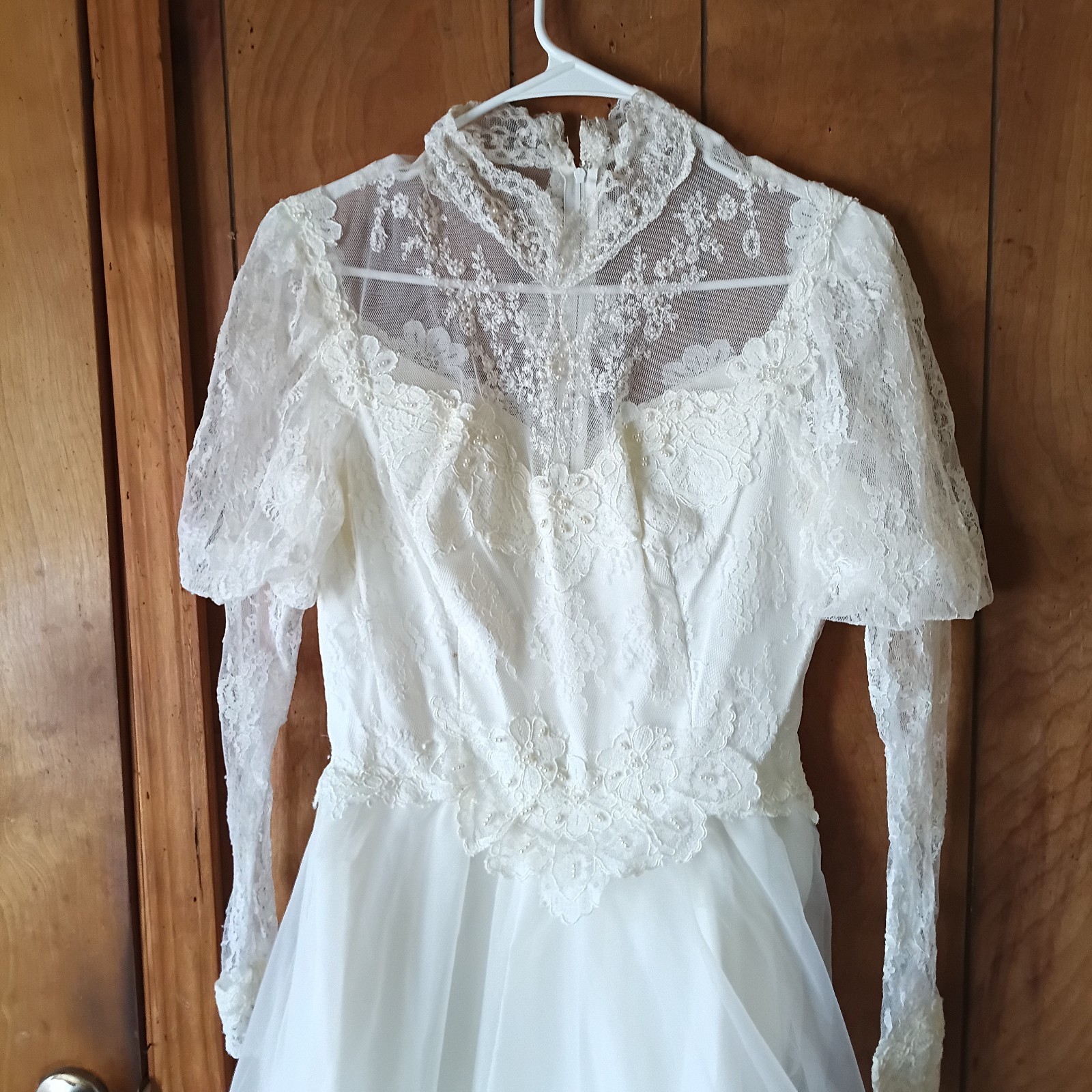 Vintage ADSV White Lace Wedding Dress Long Sleeve High Neck Bridal Gown Train S