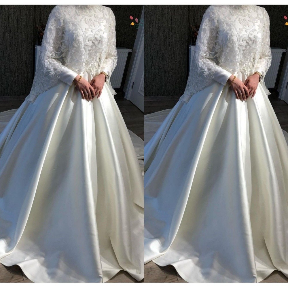 Muslim Wedding Dresses With Lace Cape Satin A Line Sweep Train Bridal Gowns