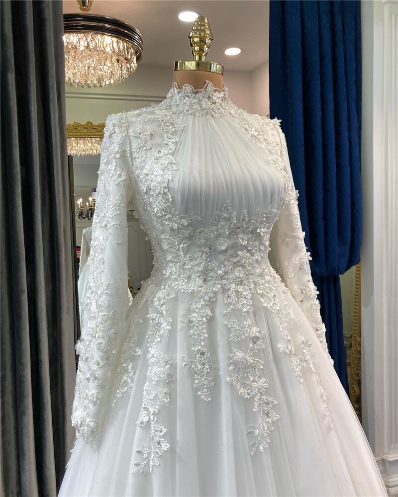 Muslim Wedding Dresses White Long Sleeves High Neck A Line Lace Bridal Gowns