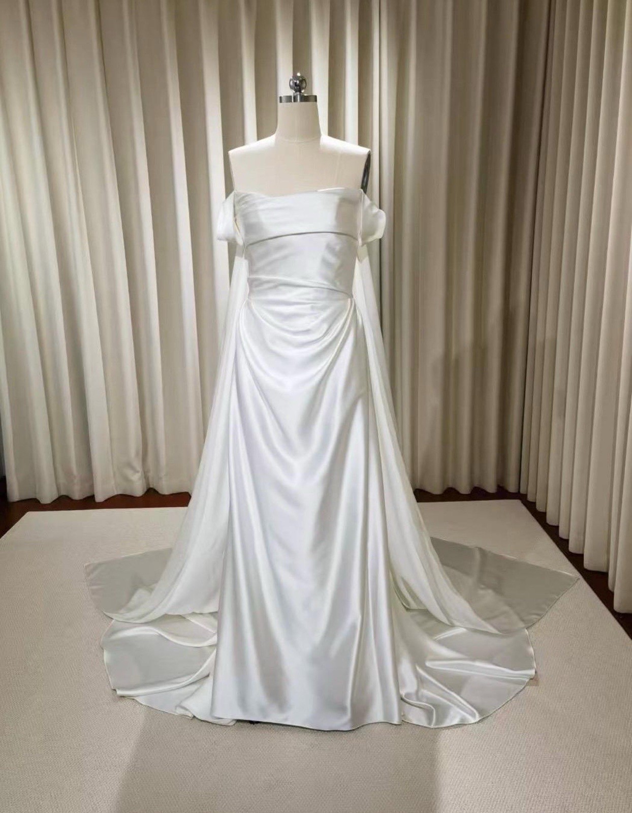 Custom NWT Satin Corset Wedding Gown With Removable Cape And Arm Straps