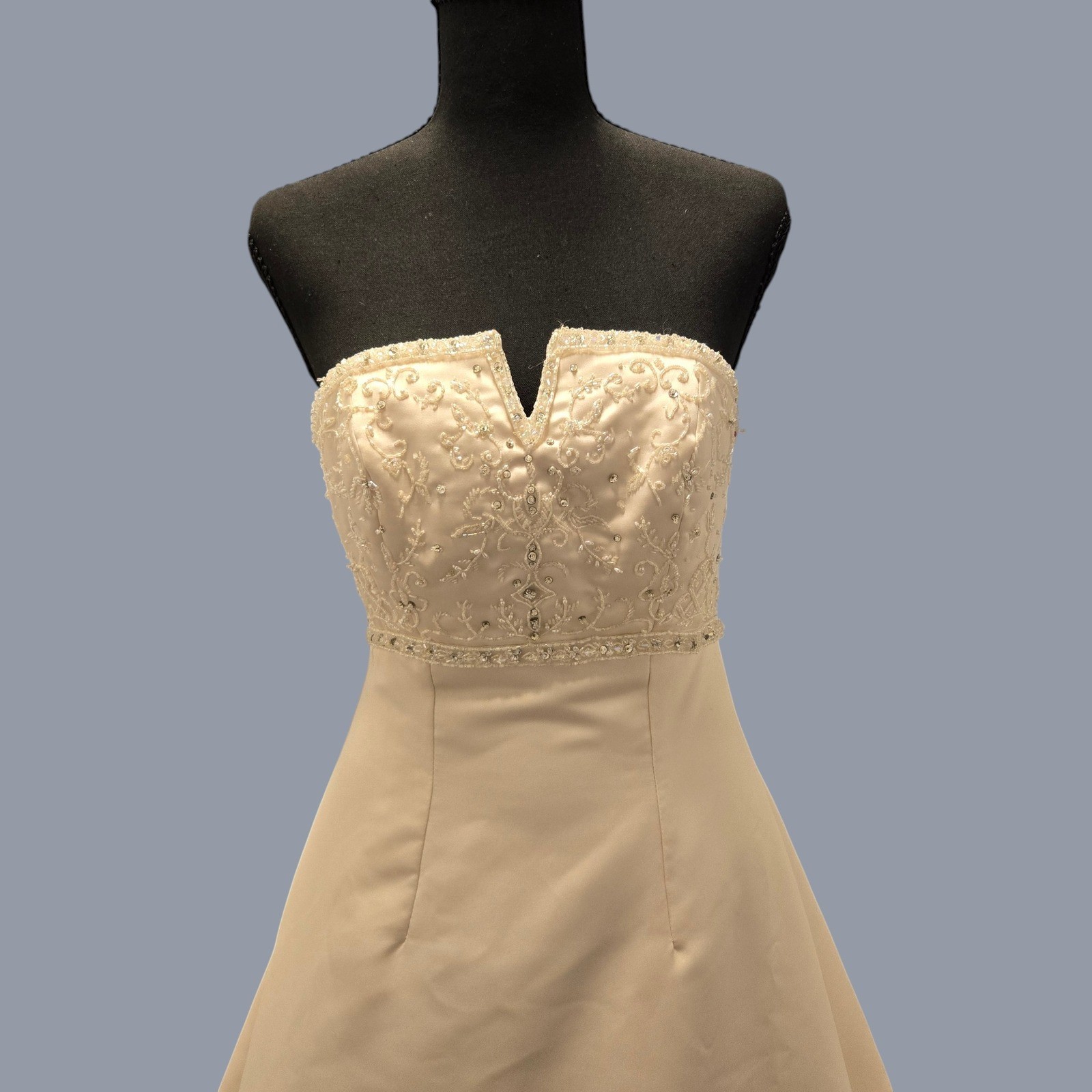 Mori Lee Champagne Satin Beaded Strapless Wedding Dress Gown Train Size 4 Used