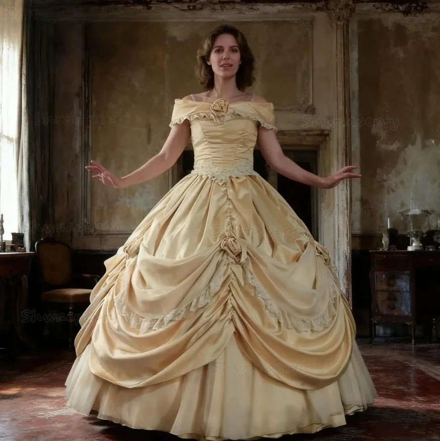 Champagne Princess Wedding Dress Floor Length Vintage Ball Gown Bridal Gowns
