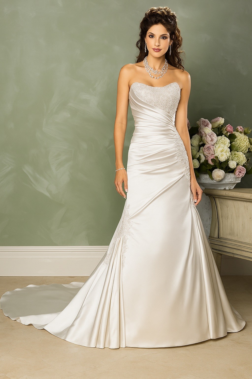 Carla, Maggie Sottero, Strapless Satin Wedding Dress w/ Beaded Bodice and Train