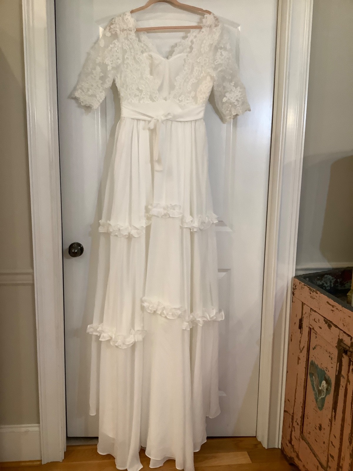 Size 12 White Lace Chiffon New Full-Length Wedding Dress