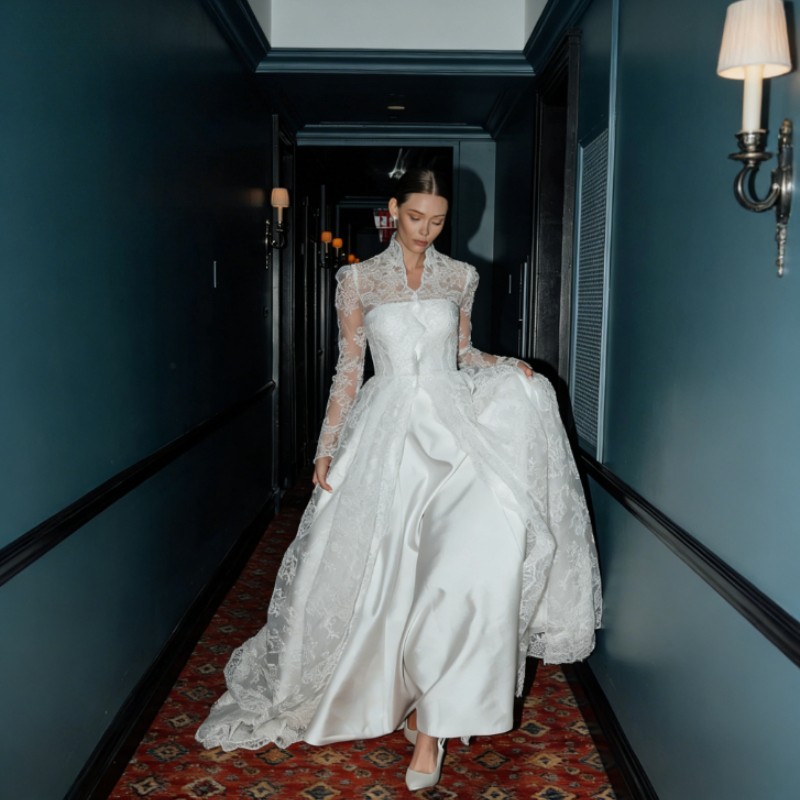 Lace Satin Long Sleeve A-Line Wedding Dresses Minimalist Haute Couture Appliques