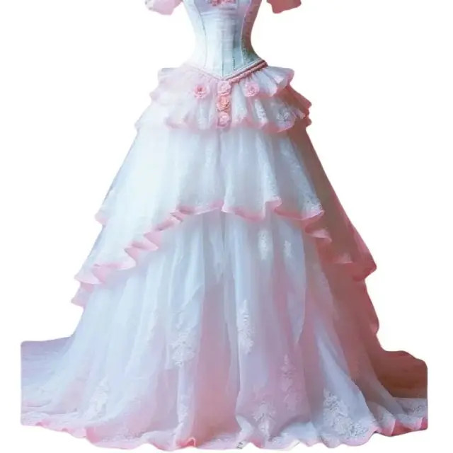 Vintage White Pink Victorian Wedding Dress Renaissance Bridal Gown Lace Applique