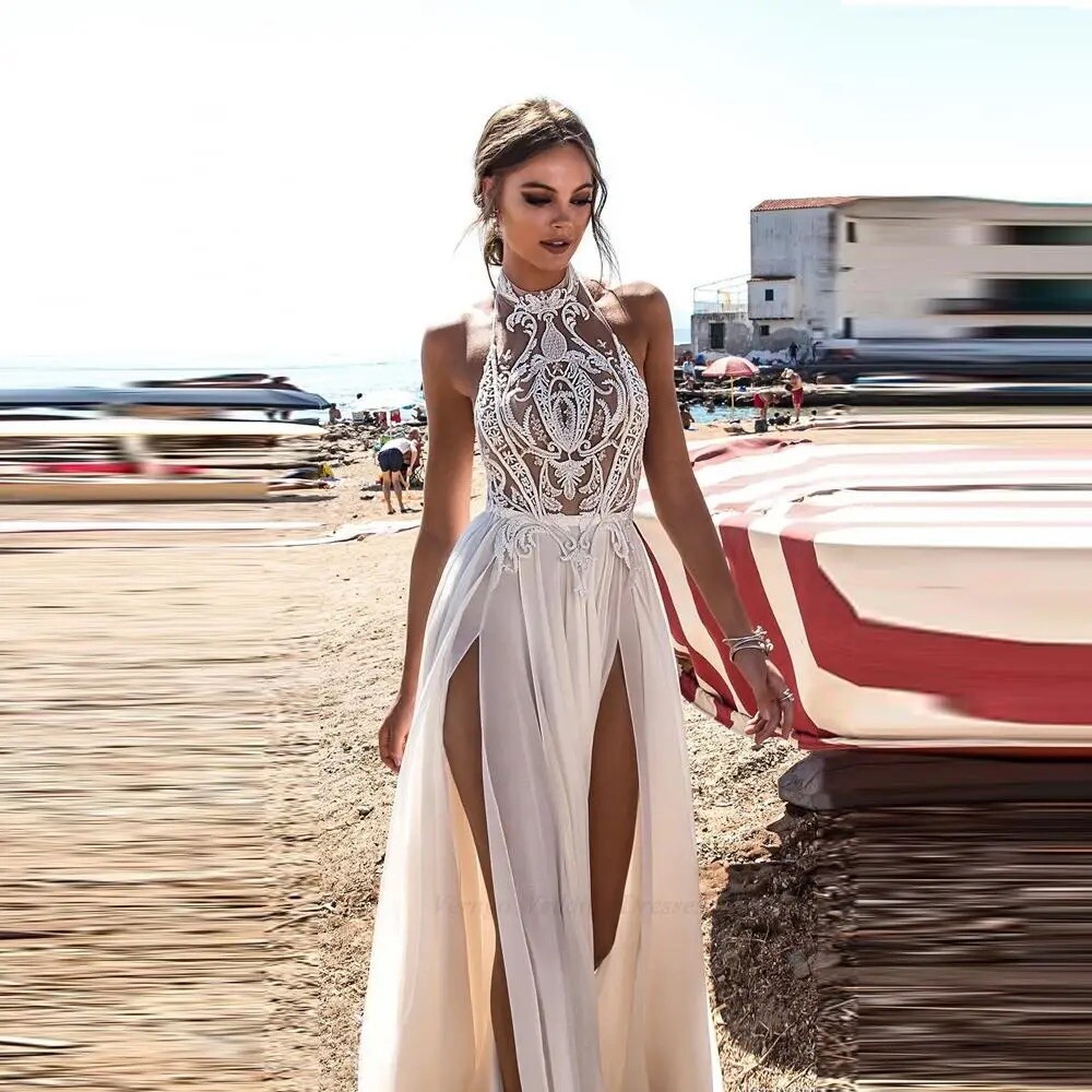 Backless Halter Neck Lace High Slit Beach A Line Bridal Gown Wedding Dress