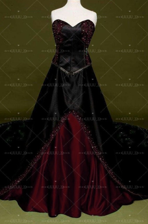 Gothic Black and Green Satin Wedding Dresses Sweetheart Embroidery Bridal Gowns