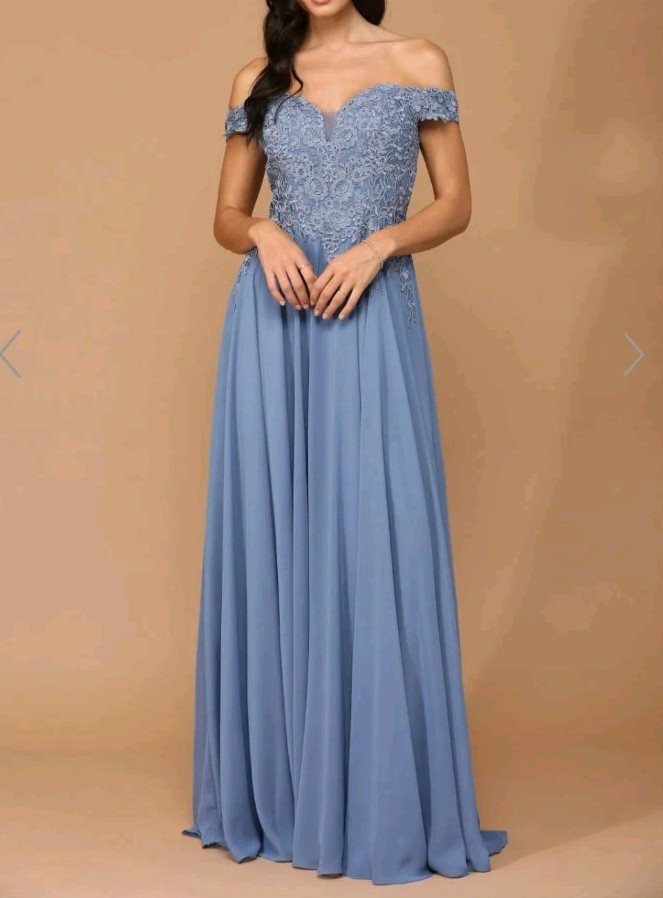 Eva Dress Slate Blue L Off-shoulder EV5239 Chiffon Corset Back NWT