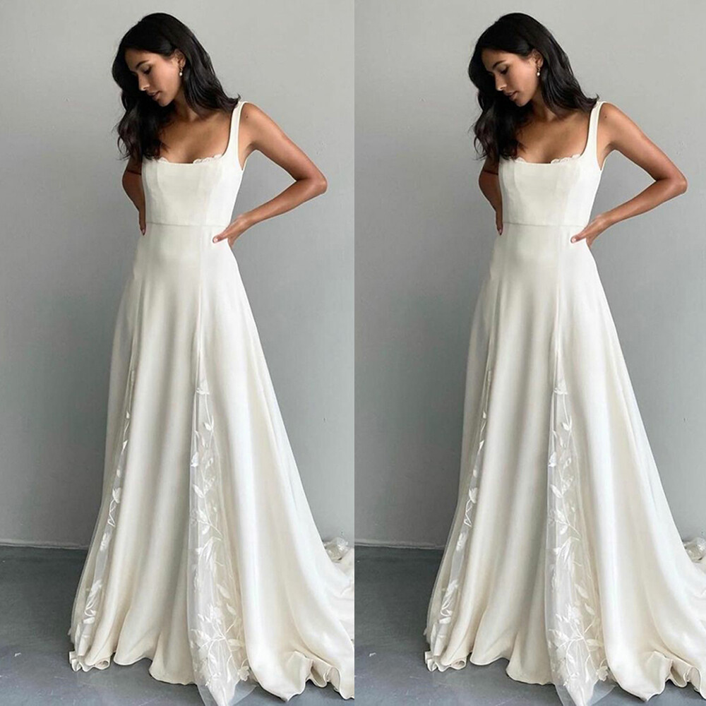 Elegant Wedding Dresses Square Neck Beach Bride Dress Lace Applique Bridal Gown