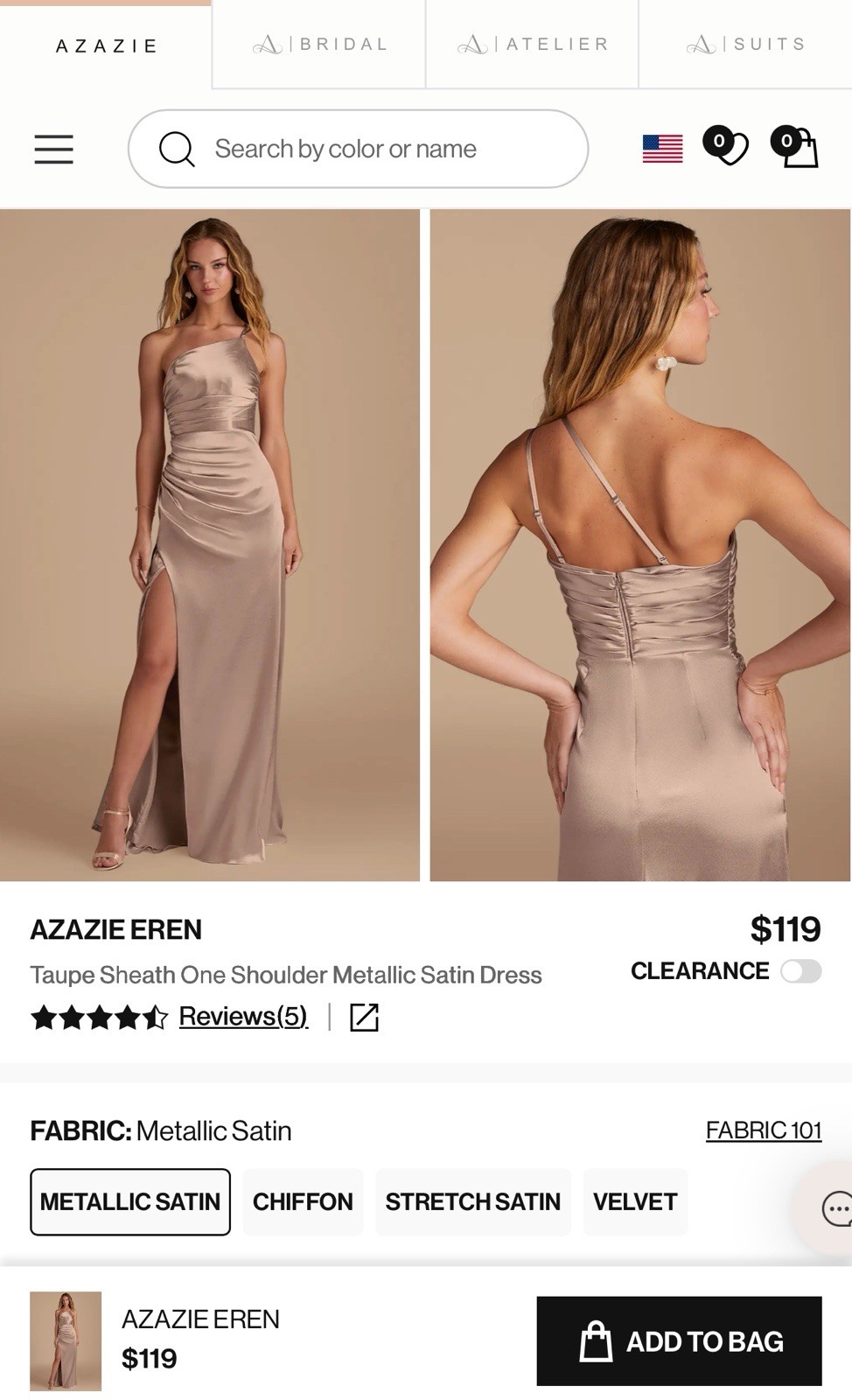 Azazie Eren Taupe Sheath One Shoulder Metallic Satin Dress
