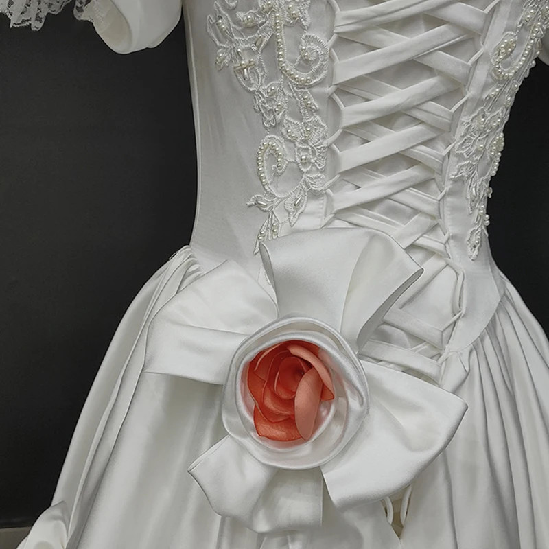 White Satin Pink Rose Flower Princess Sweetheart Puff Sleeve Ruffles Beading