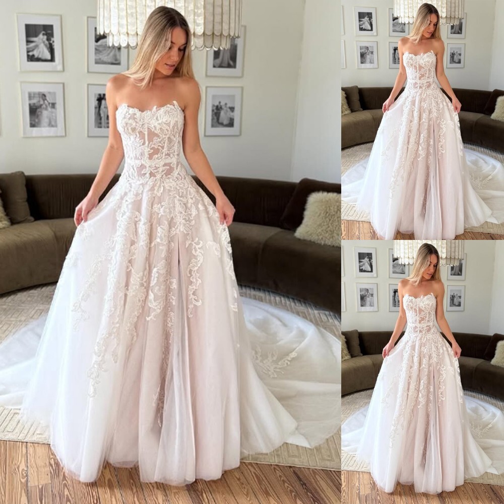 Blush Pink Wedding Dresses Sweetheart Lace Appliques Sweep Train Bridal Gowns