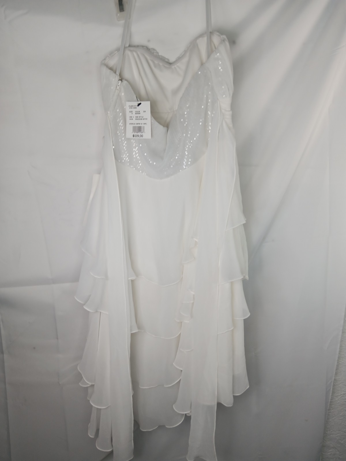 David’s Bridal Ivory Ruffle High Low Sequin Strapless Wedding Dress Women 4 NWT