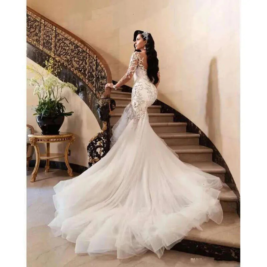 Sexy Mermaid Wedding Dresses Long Sleeves Lace Crystals Court Train Bridal Gowns