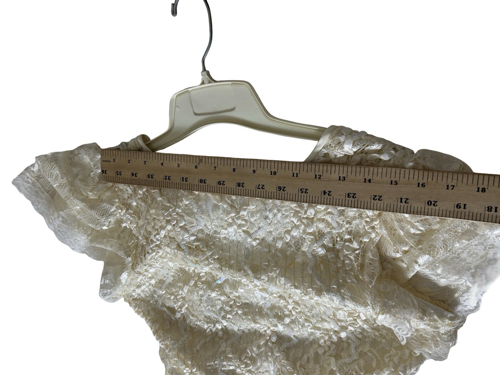VTG Wedding Dress Sz 11/12 Lace Ivory Drop Waist Tea Length Flutter Sleeve READ