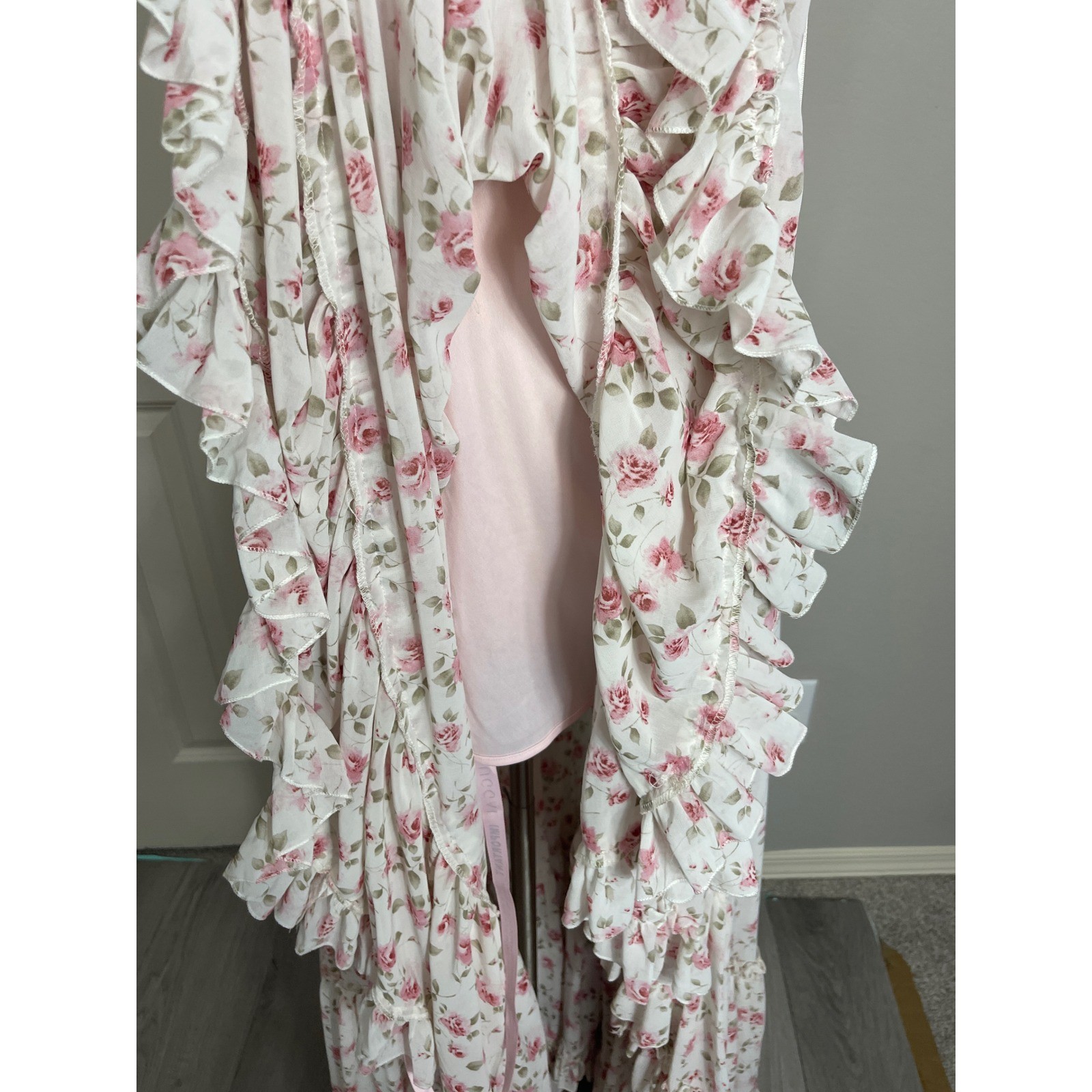 Mac Duggal 50659 Pink Floral Maxi Dress Ruffle Tiered Plunge Formal Dress
