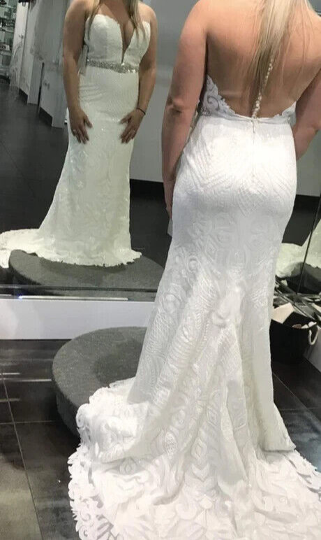 Ashley & Justin 10604 Wedding Dress 10 White & Nude Illusion Sequins Mermaid