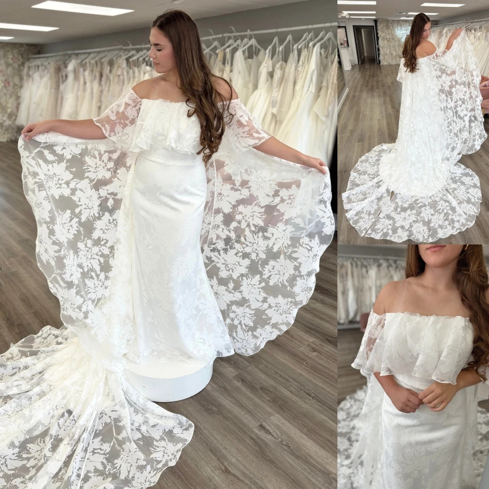 Wedding Ceremony Dress Detachable Cape Wrap Organza Jacquard Chapel Garden
