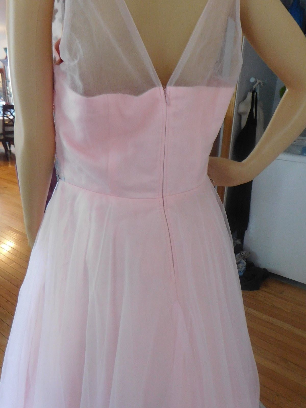Vintage Pink Floral Appliques V Neck Polyester Floor Length Wedding Dress XL
