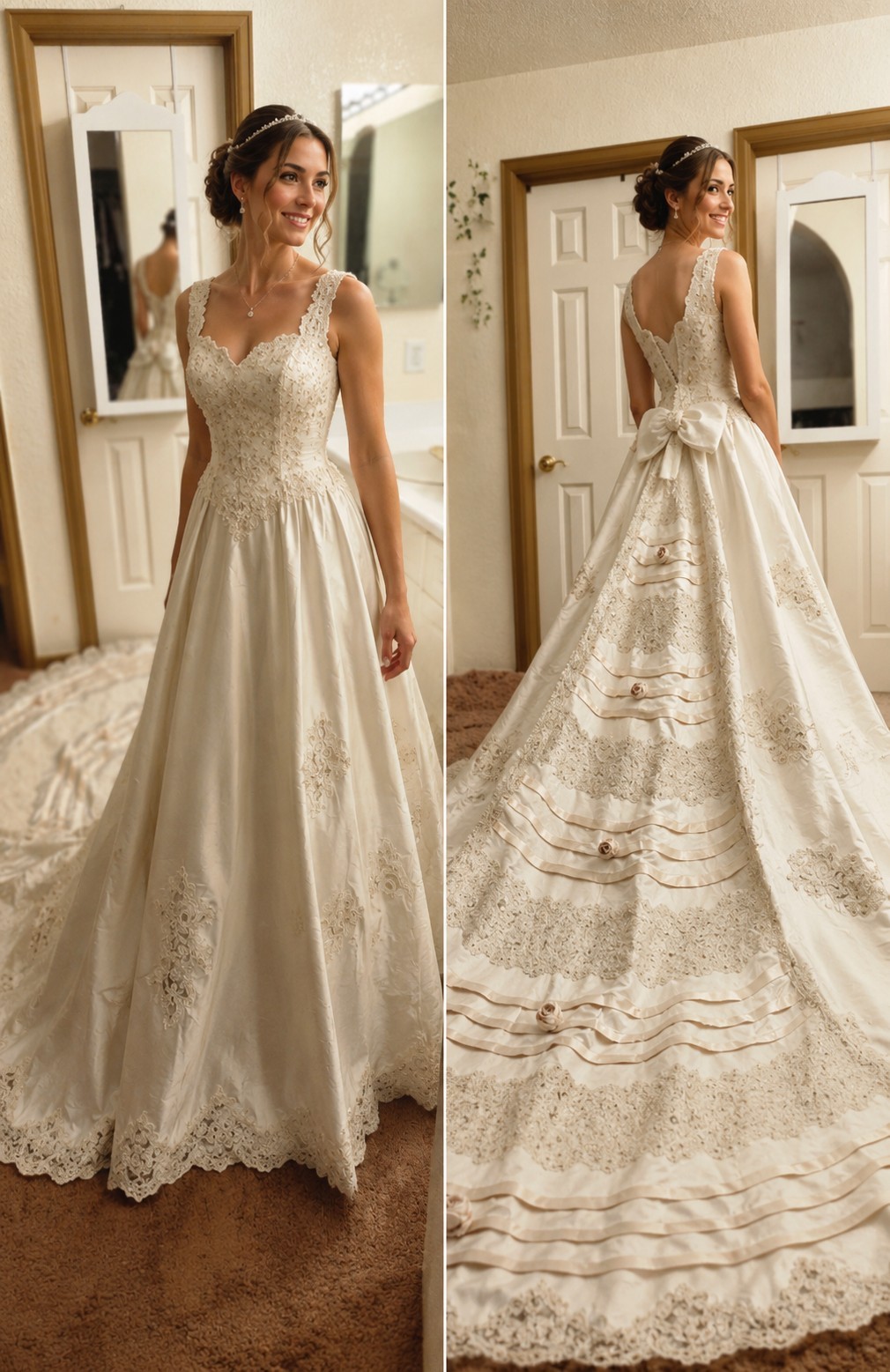 EvaGauthier Ivory Lace Bow Ball Gown Wedding Dress V-Neck Train Petites 4