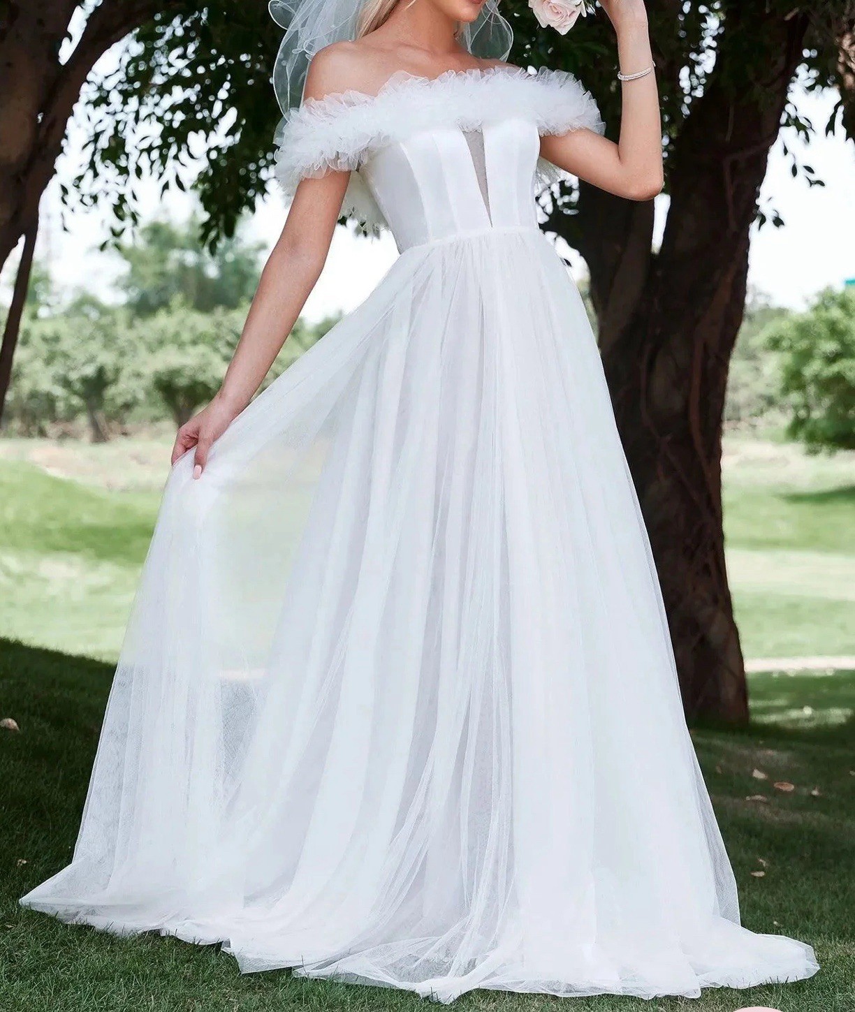Women’s Faeriesty Ruffle Trim Off Shoulder A Line Wedding Gown Dress XS NWT