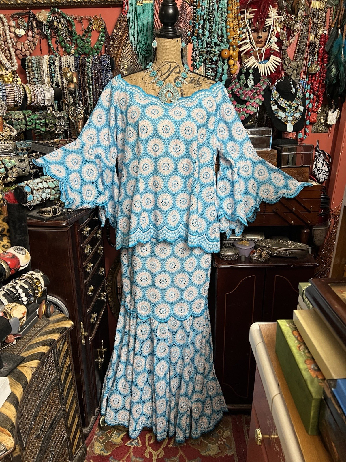 Gorgeous Vintage Handmade Crochet Lace In Turquoise & White Shirt & Top Size XXL