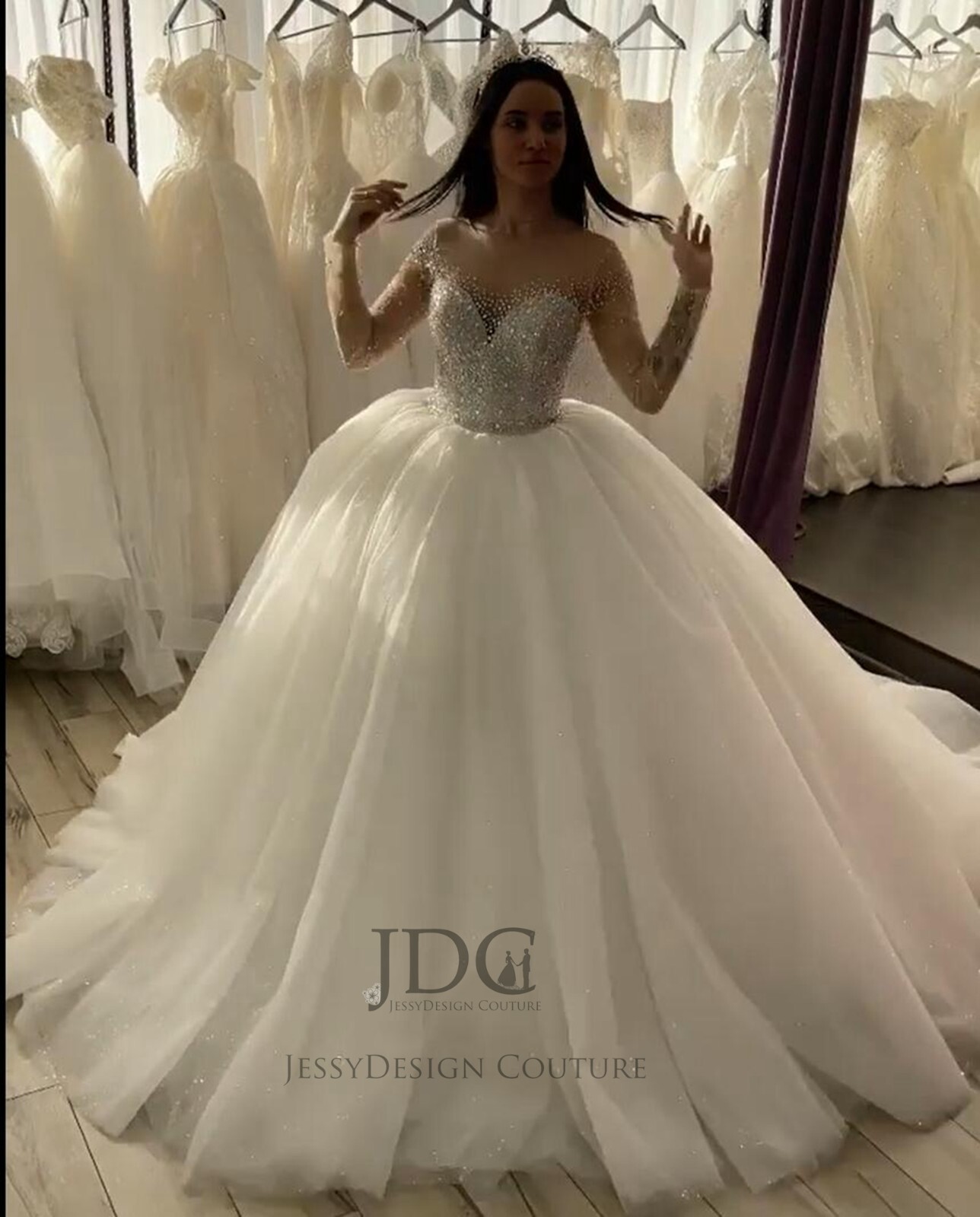 Shimmery Heavy Beaded Silver Crystals Bridal Gown Ballgown Custom made Glitter