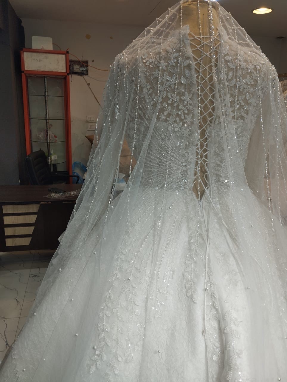 White Lace Beaded Sequin Illusion Neck Ball Gown Wedding Dress Train Corset